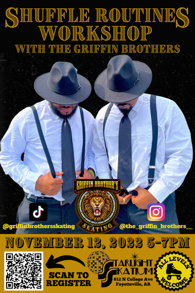 Shuffle Routines Workshop with the Griffin Brothers
image shows Griffin Brothers wearing fedoras and button down shirts with suspenders and neck ties
November 12, 2022 5-7 pm, Starlight Skatium, All levels Welcome