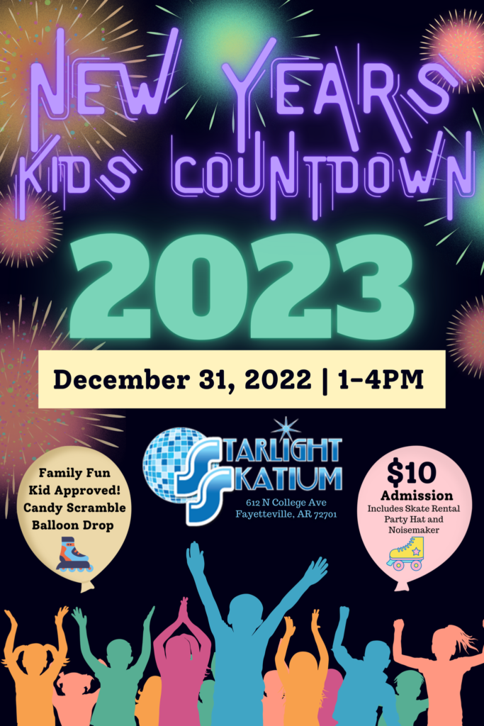 New Years Kids Countdown 2023
December 31, 2022 1-4pm
Family Fun, Kid Approved!
Candy Scramble, Balloon Drop
$10 admission includes skate rental, party hat, and noisemaker